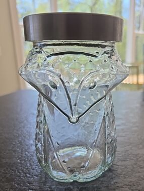 Textured Glass 7" Fox Jar/Container.  Metal Lid, 48 Oz